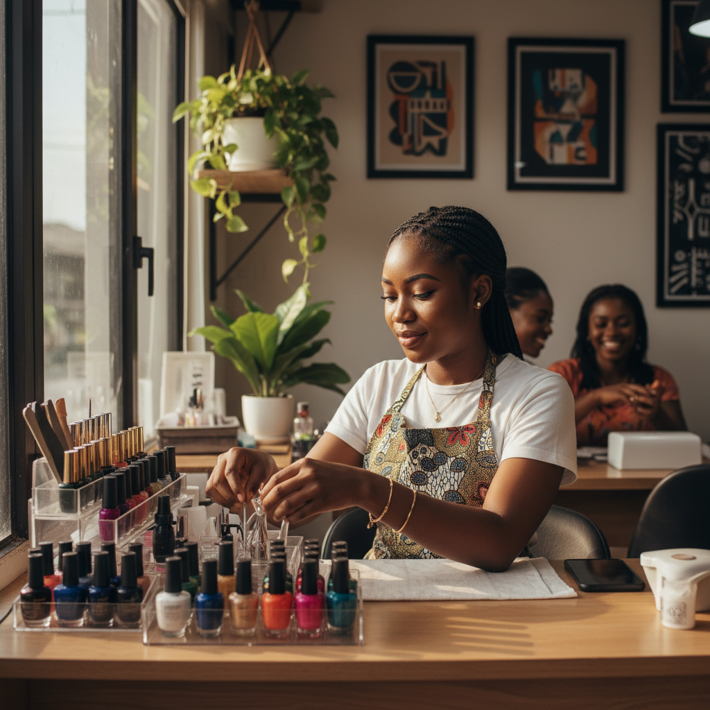 A close-up of a Nigerian nail technician's well-organized workstation with various nail polishes and tools.