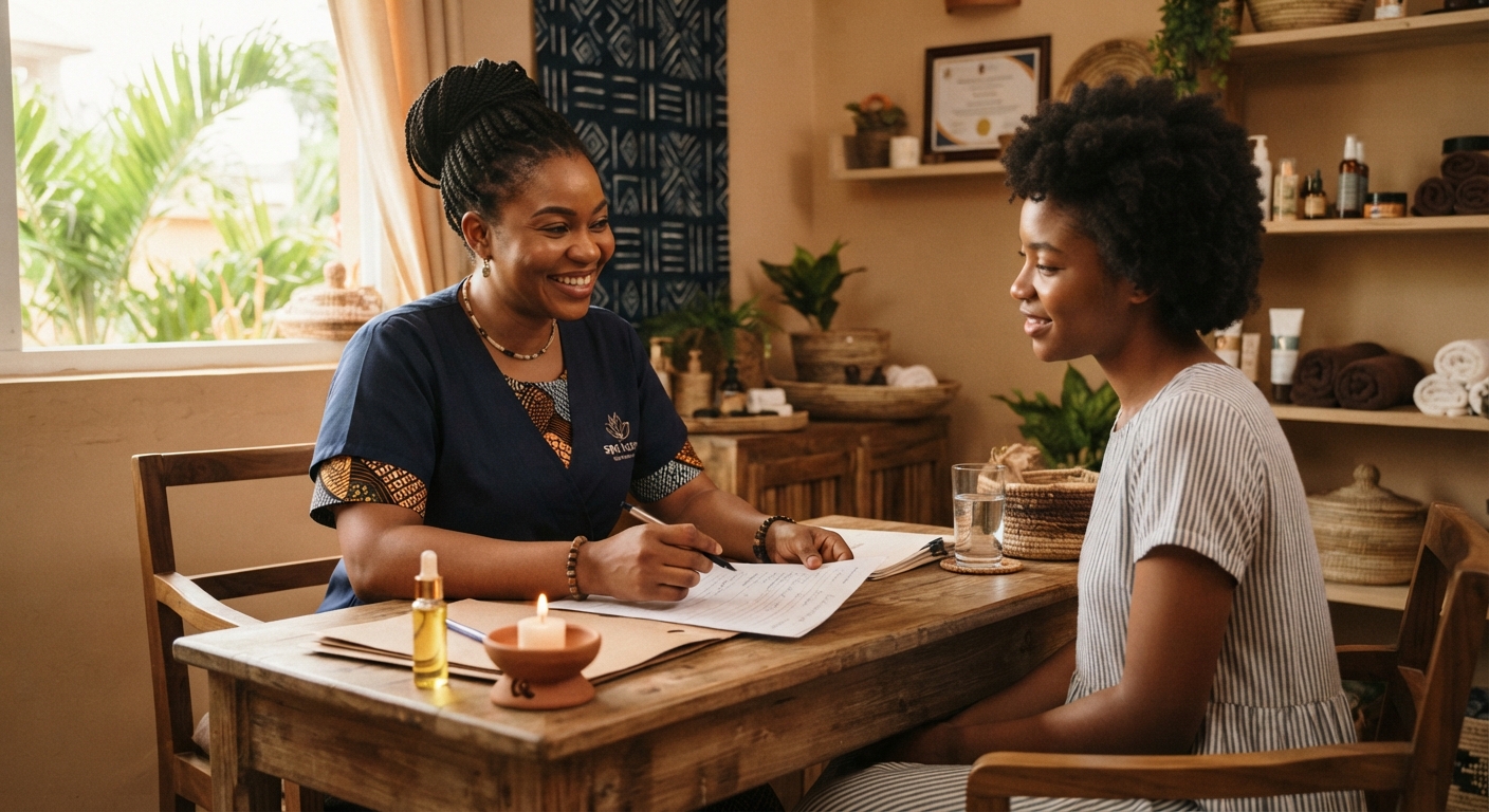 A spa therapist discussing treatment options with a client