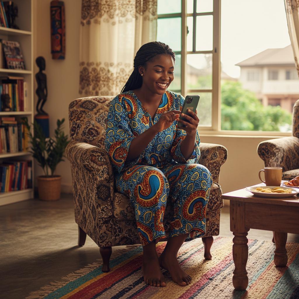 A happy young Nigerian woman using the TrustAm app on her smartphone to book a nail technician appointment from her couch.