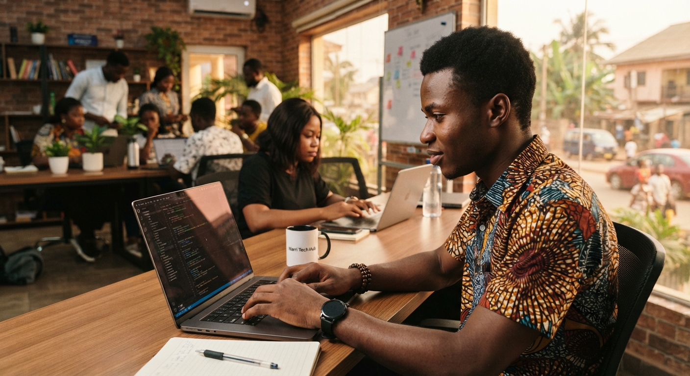 Young Nigerian man coding on a laptop in a modern office in Warri