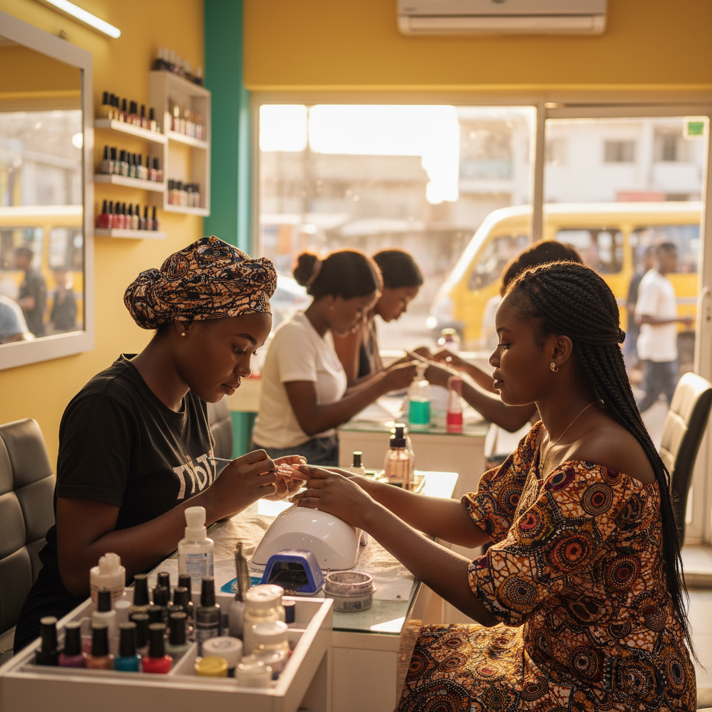 A skilled Nigerian nail technician carefully applying an acrylic bead to a client's nail.