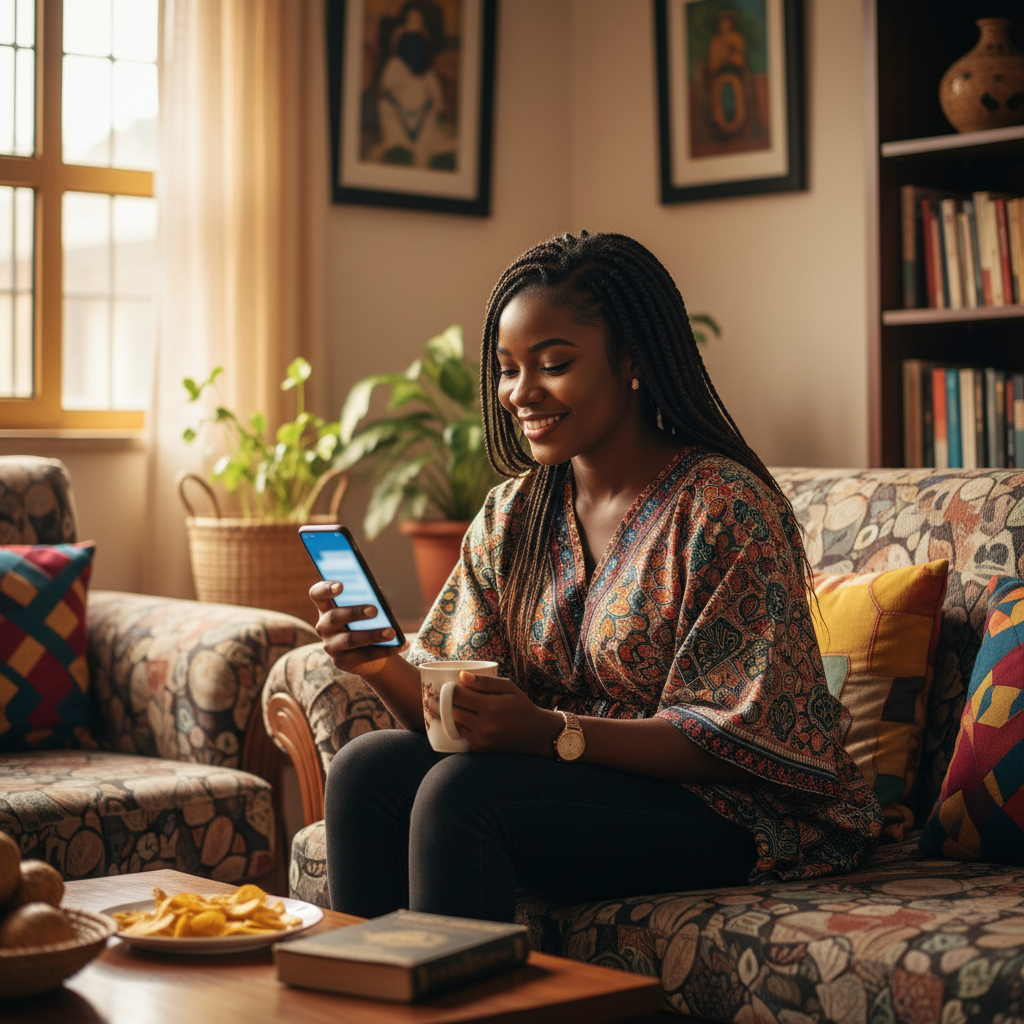 A young Nigerian woman using the TrustAm app on her phone to track her expenses and budget effectively.