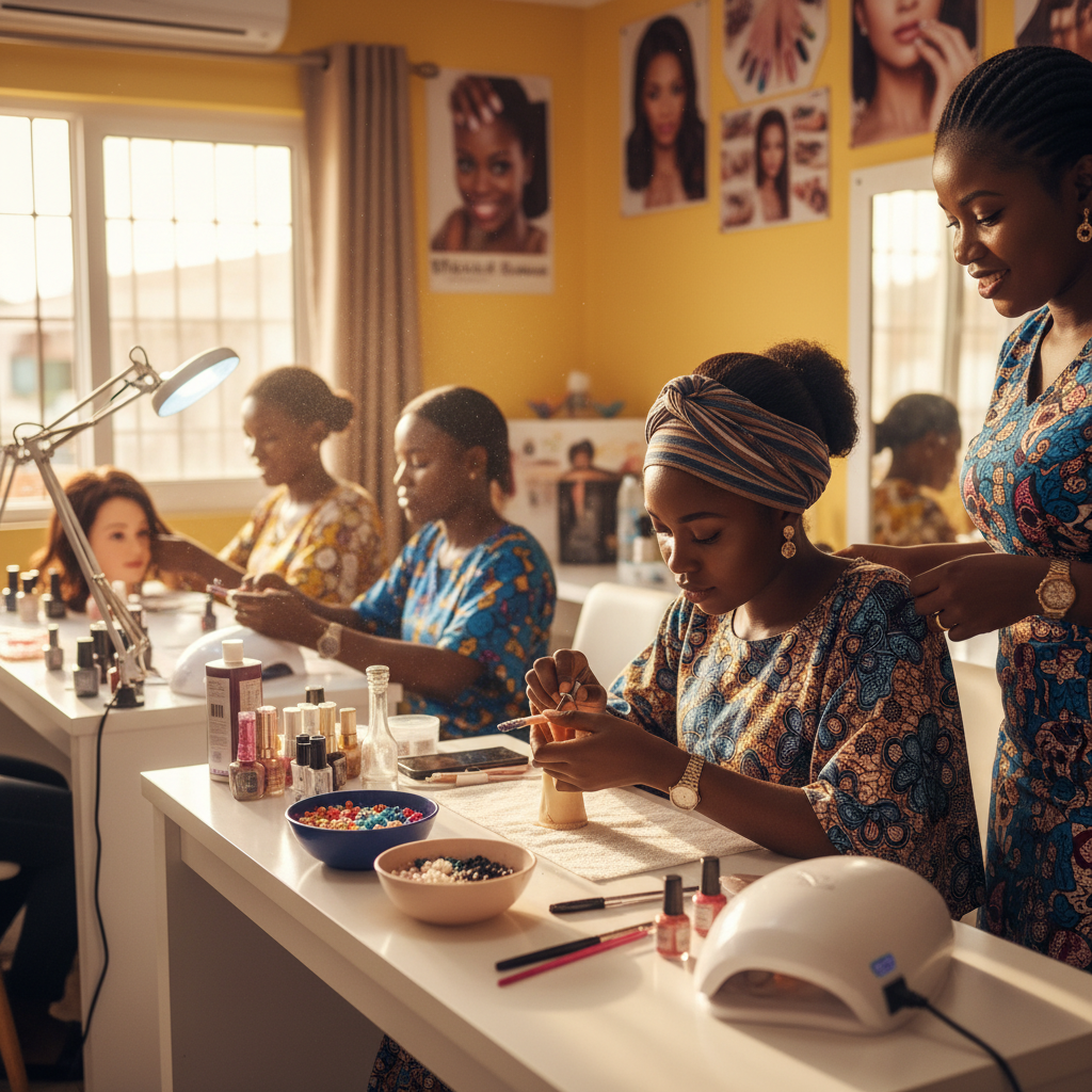 A young Nigerian woman practicing intricate nail art design on a mannequin hand in a training class.
