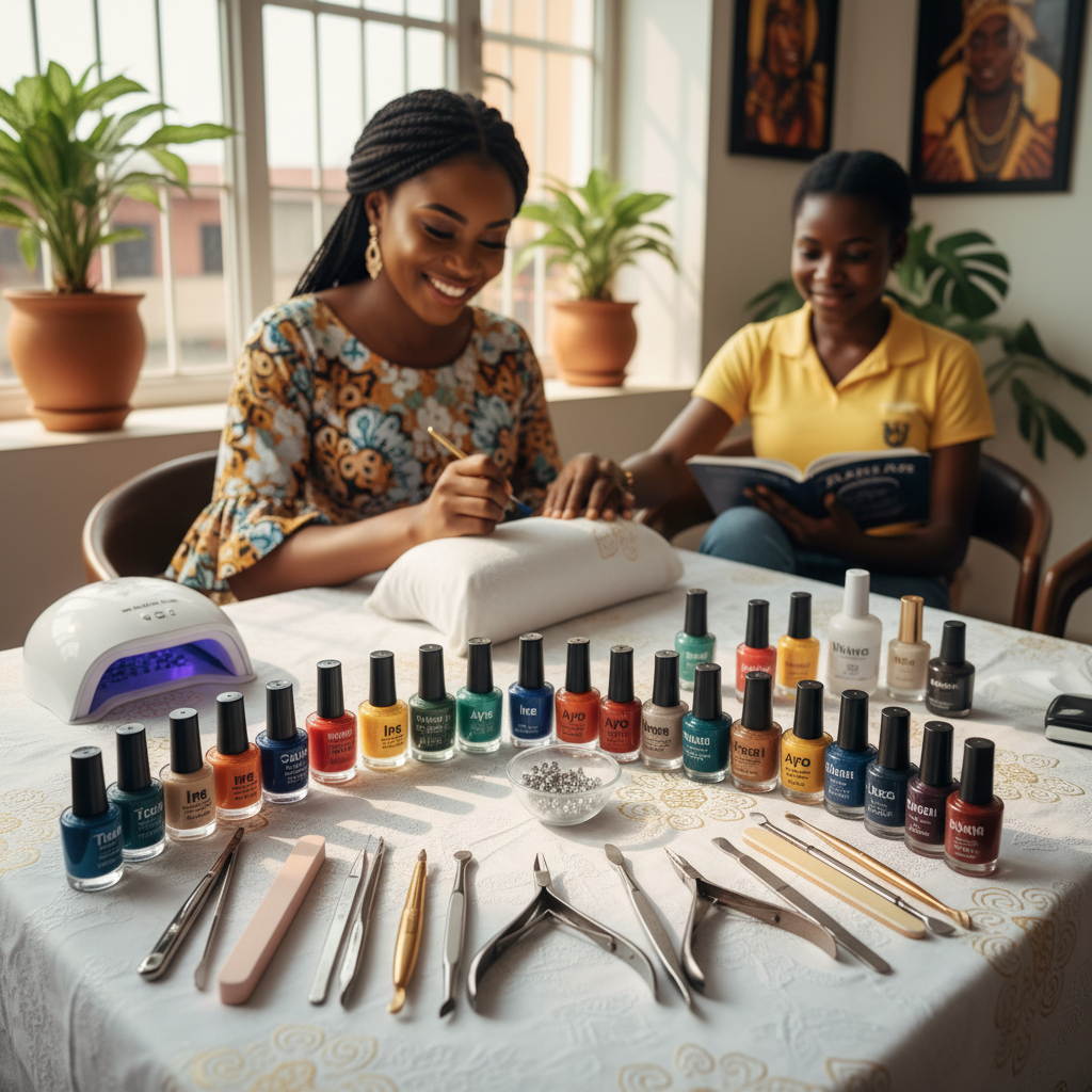 A complete starter kit for a nail technician business, including UV lamp, gel polishes, and files.