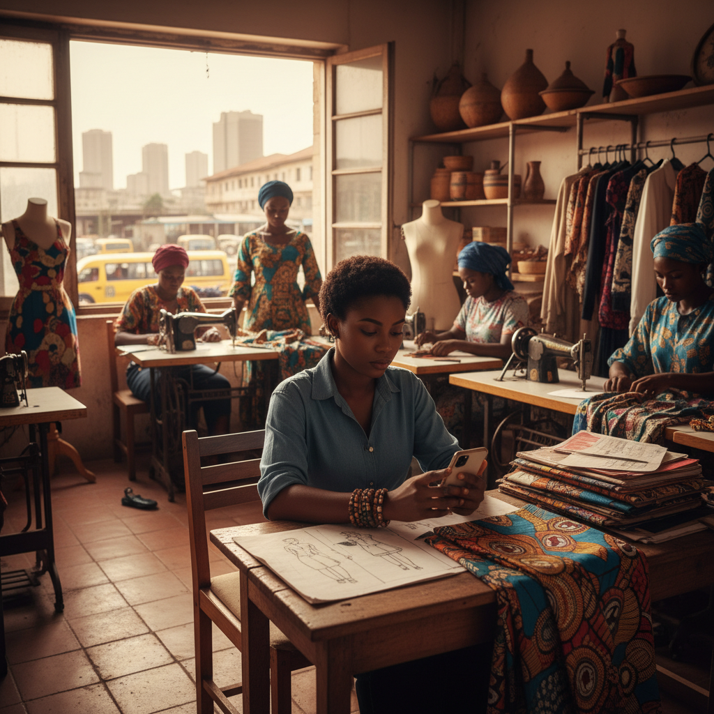 A young Nigerian fashion designer smiling as she uses her smartphone to check her business's financial dashboard.
