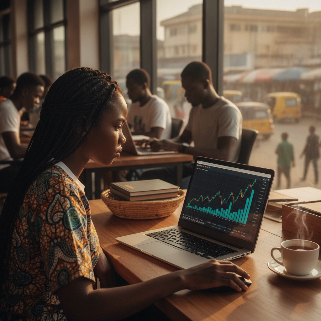 A young Nigerian analyzing interest rate charts on a computer.