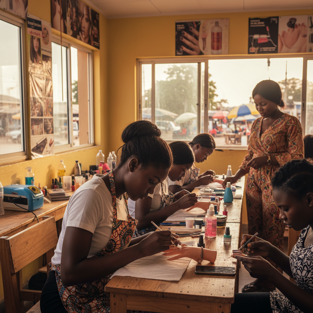 A Nigerian student practicing nail polish application in a training class.