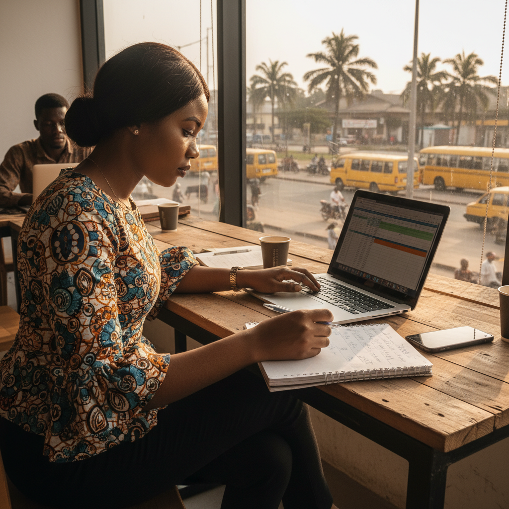 A disciplined young Nigerian woman uses her laptop to plan her monthly savings and investments.