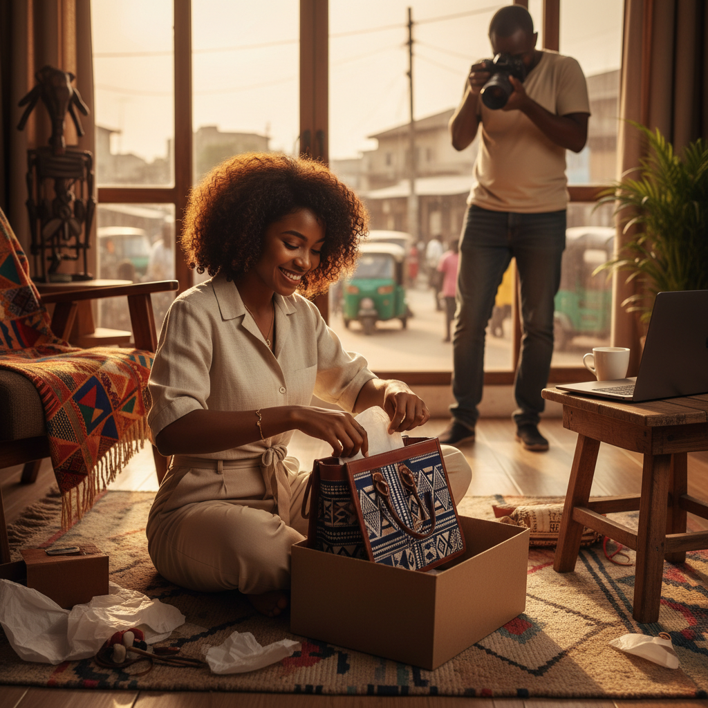 A stylish young Nigerian woman smiling as she inspects her new custom-made handbag.