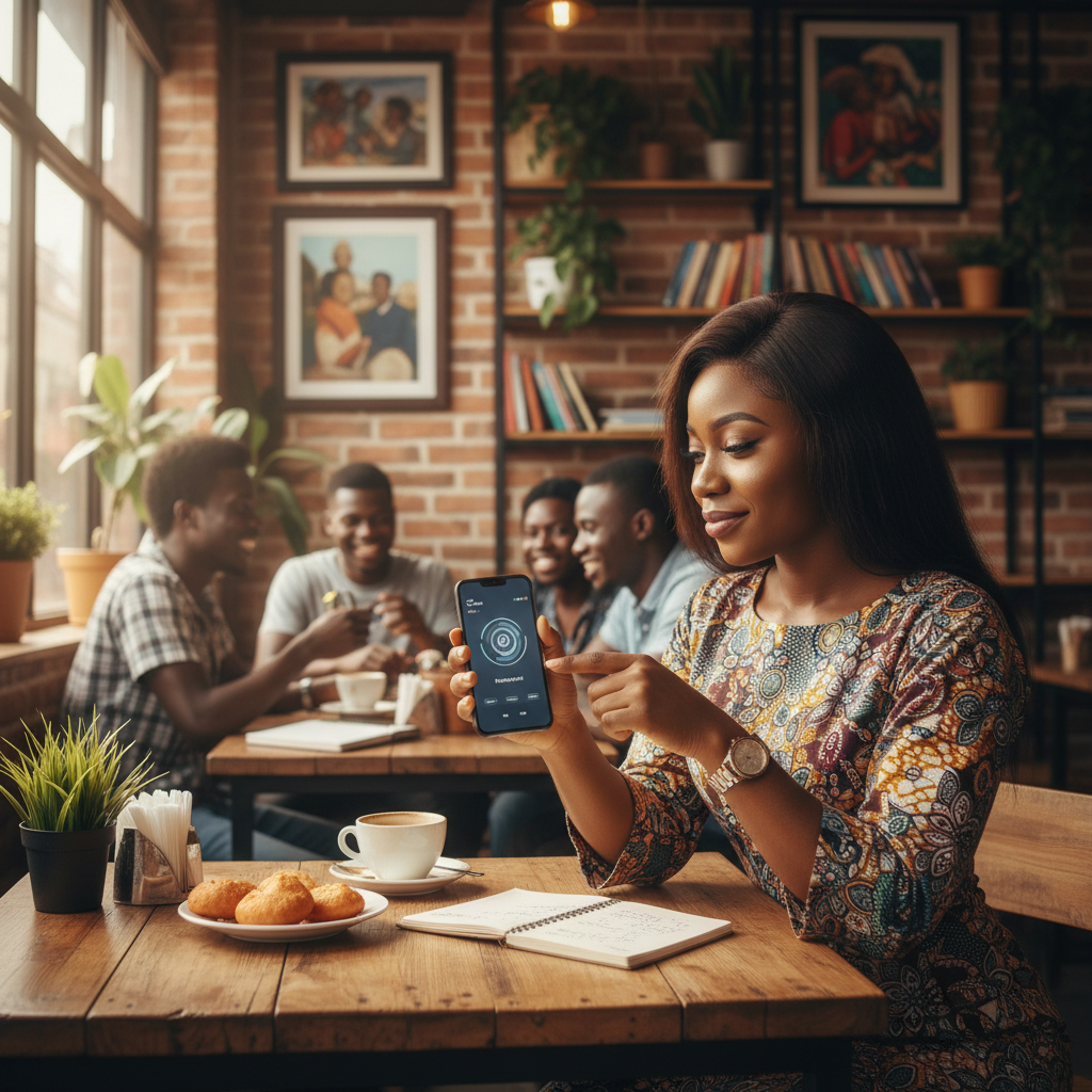 A business owner in Owerri using their smartphone to securely confirm a payment for a service.