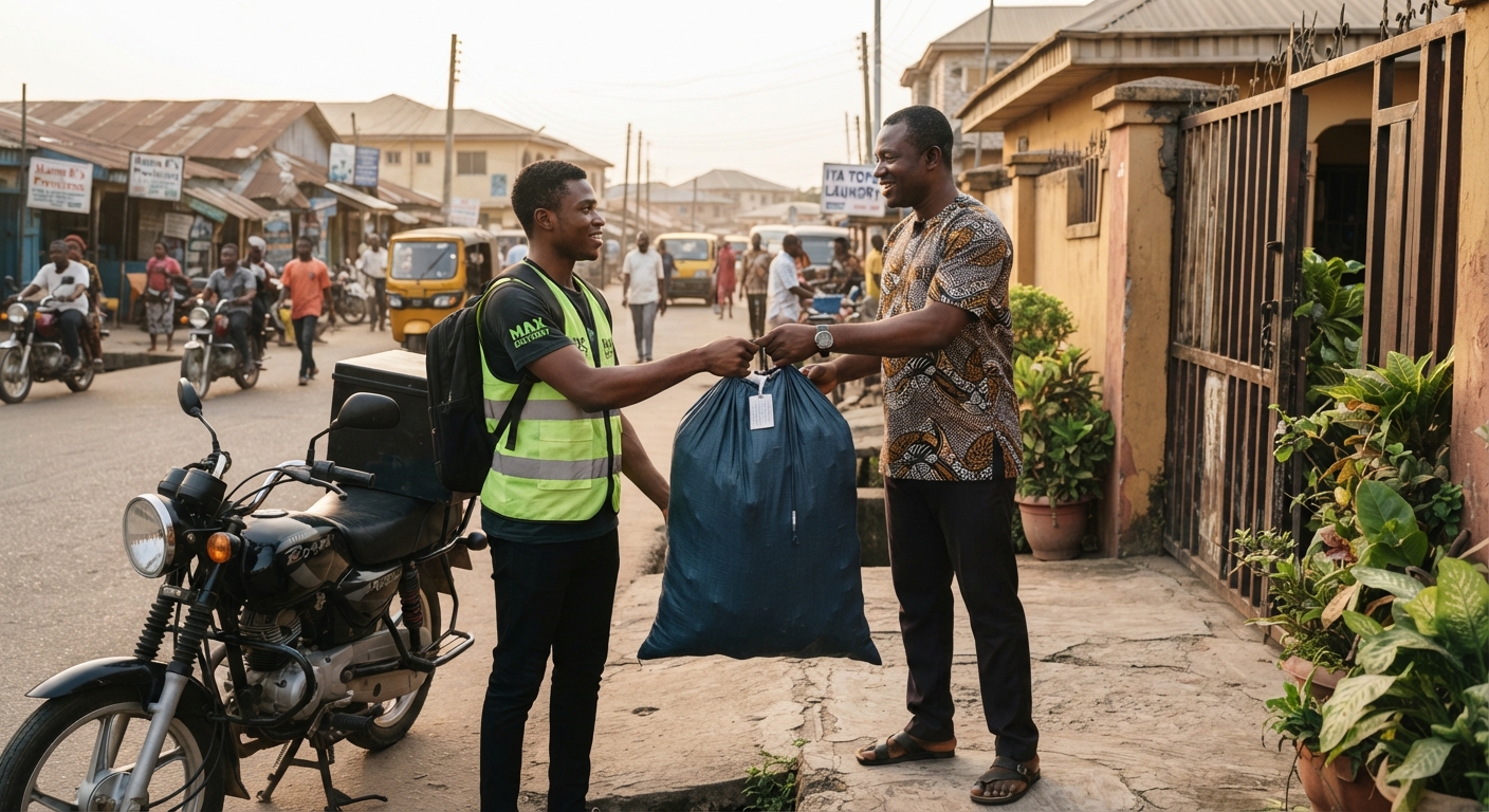 Man handing a laundry bag to a courier for pickup