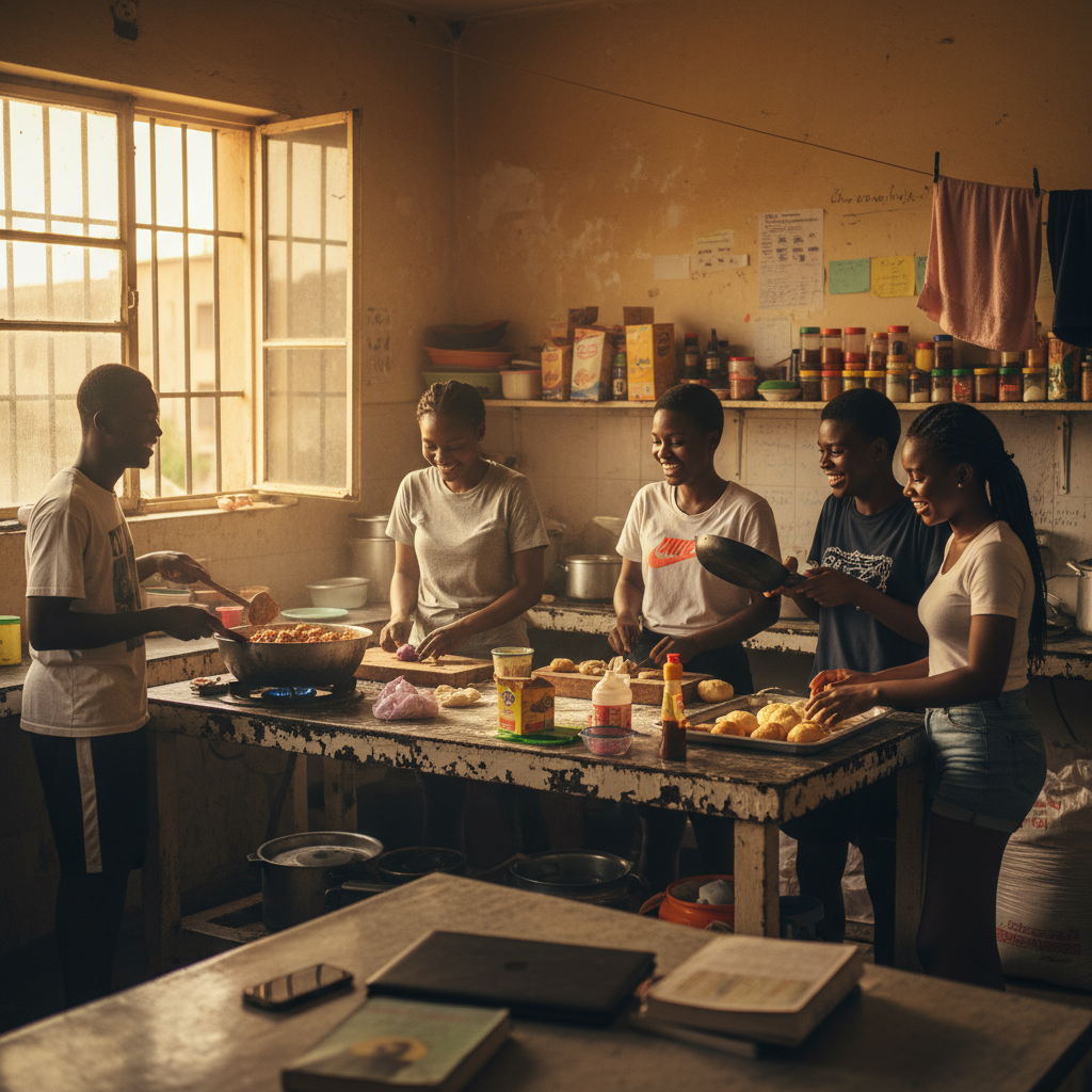 A group of cheerful Nigerian university students cooking a meal together in their hostel kitchen to save money.