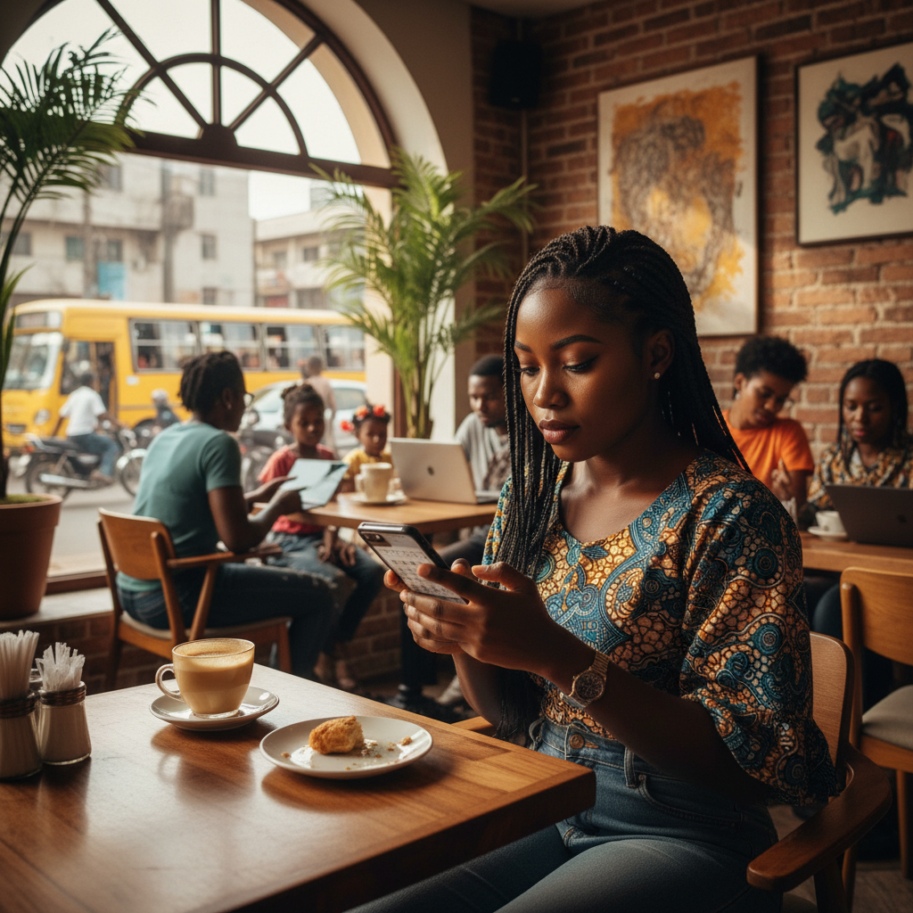 A young Nigerian woman smiling as she books a nail appointment on the TrustAm app on her phone.