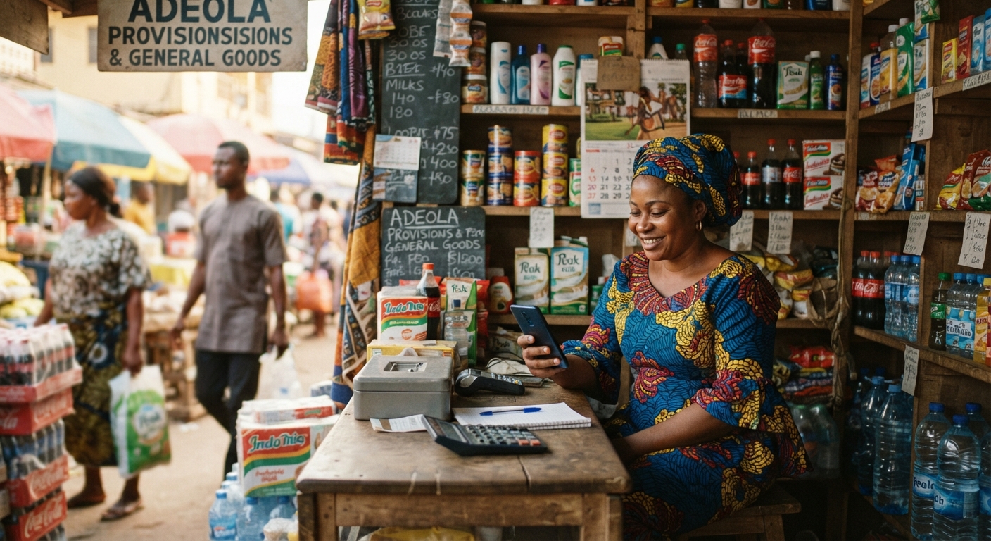Nigerian shop owner checking phone behind counter