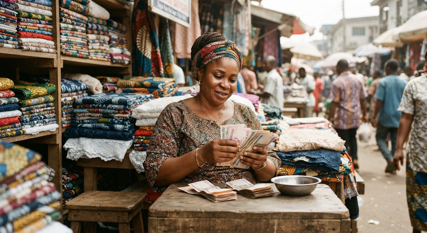 Nigerian woman trader counting naira at a fabric stall