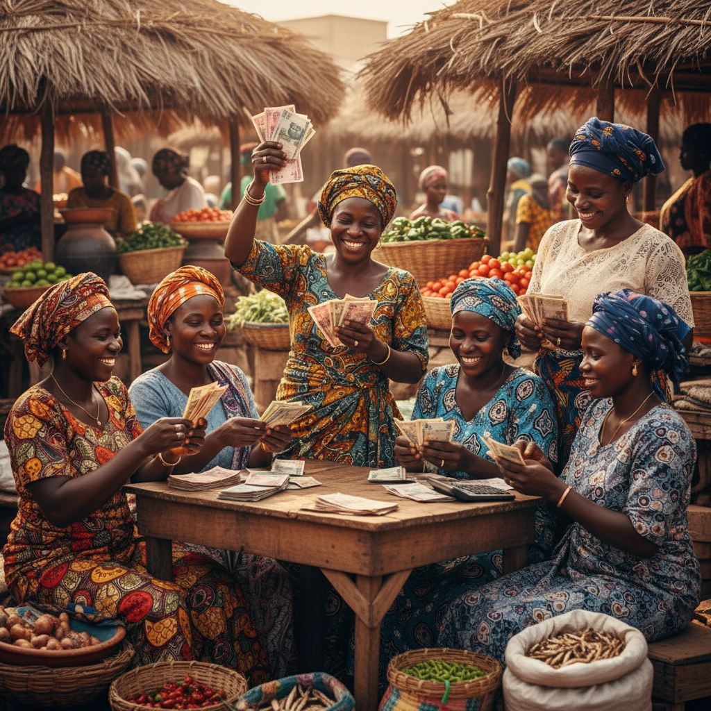 A group of Nigerian women participating in a traditional Ajo savings meeting.