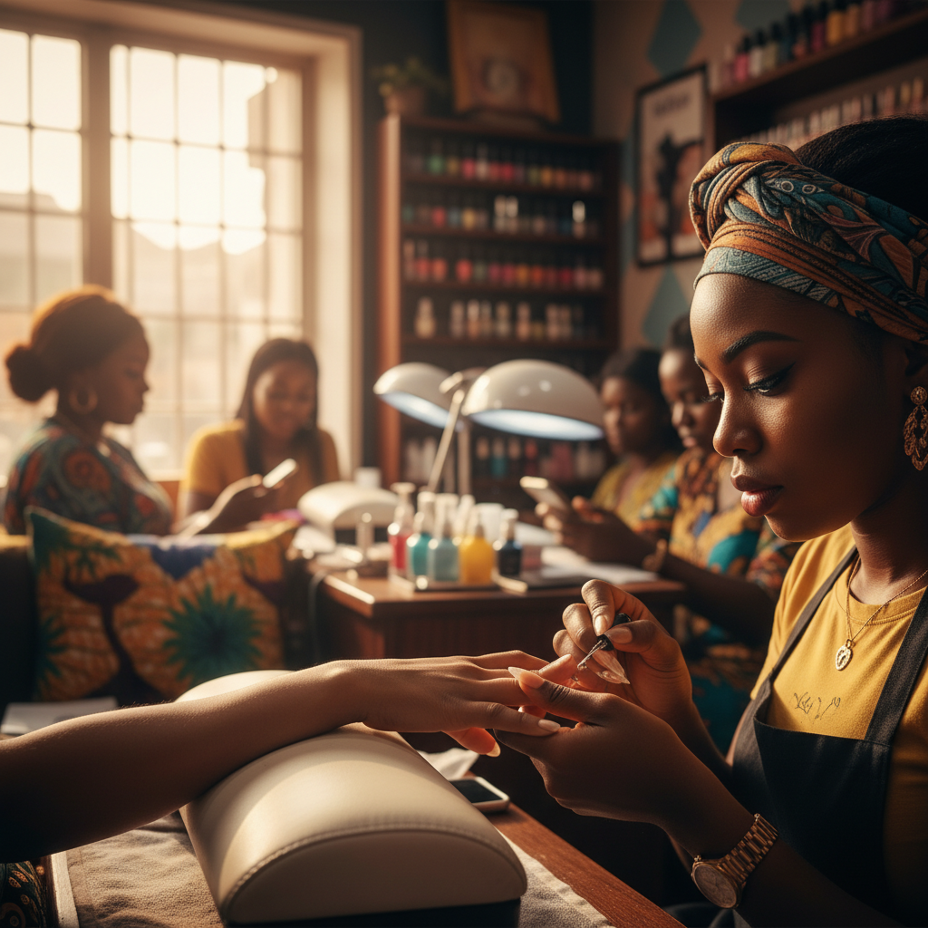A close-up shot of a nail technician carefully applying red gel polish to a client's nails.
