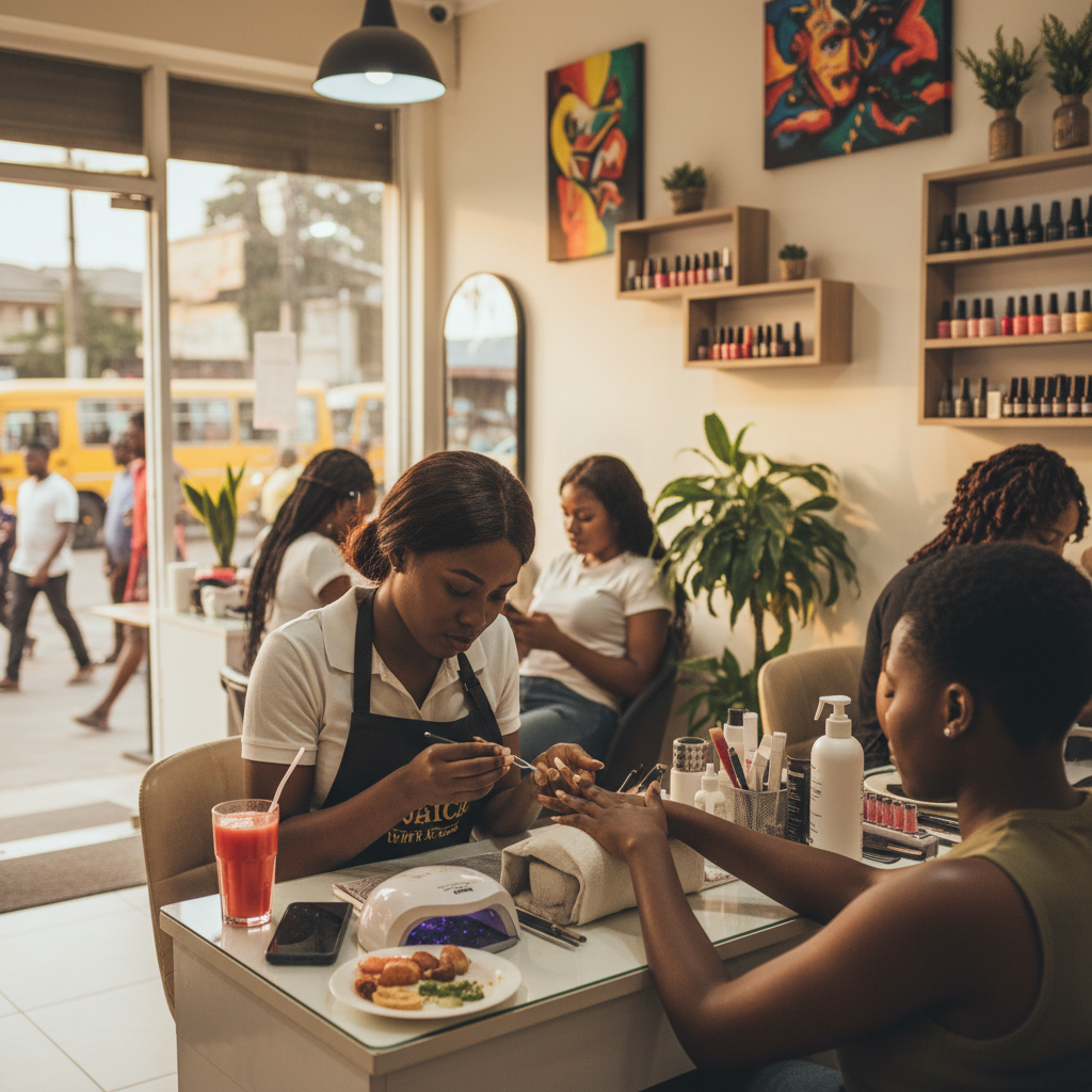 A skilled Nigerian nail technician carefully applying an acrylic bead to a client's nail.