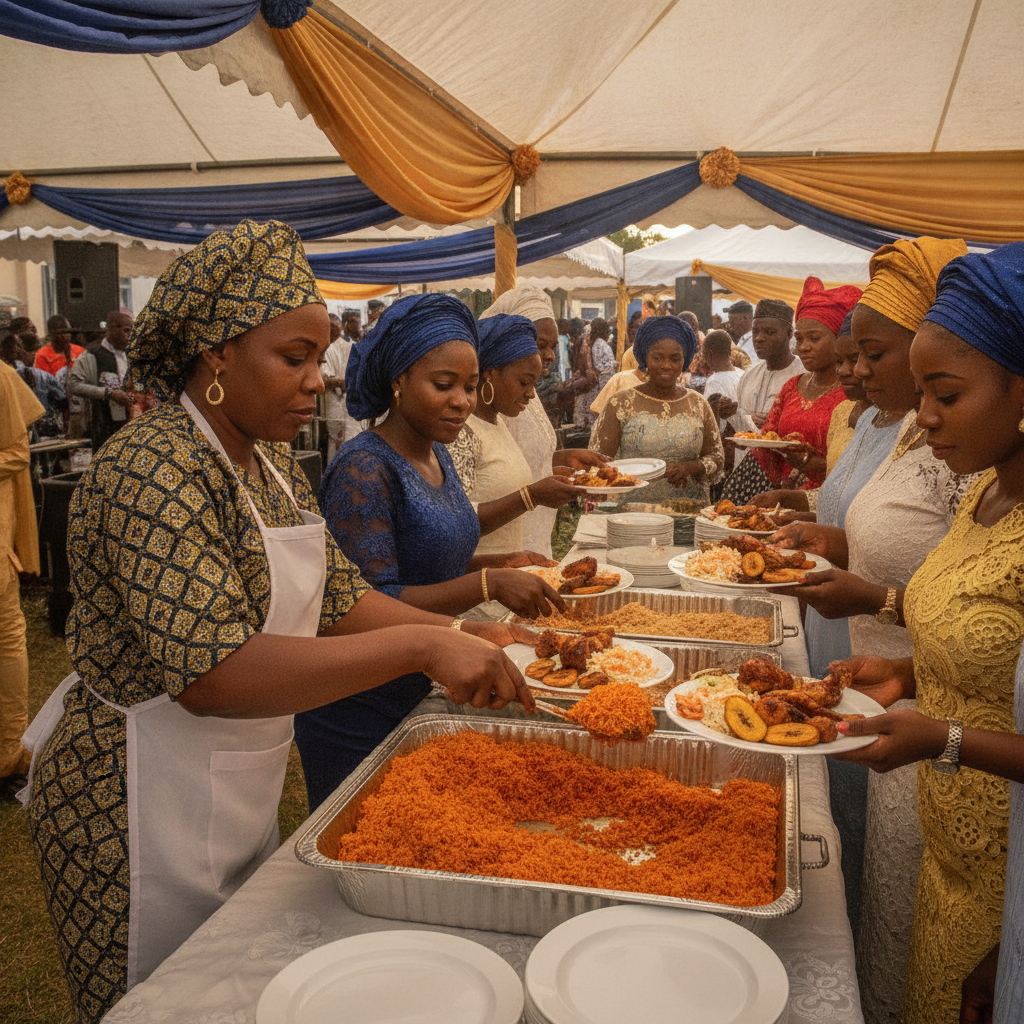 A professional Nigerian caterer in uniform serving Jollof rice from a chafing dish at a wedding.
