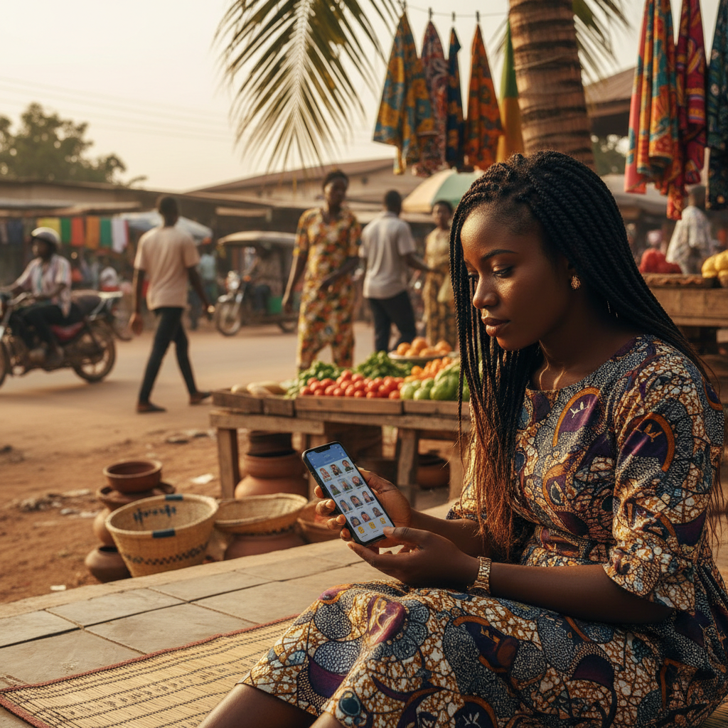 A young Nigerian woman smiling as she browses for nail technicians on the TrustAm app on her smartphone.