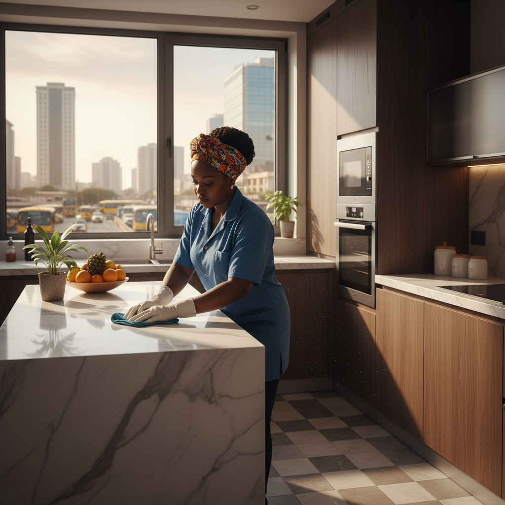 A Nigerian house cleaner meticulously cleaning a modern kitchen in a Lagos home.