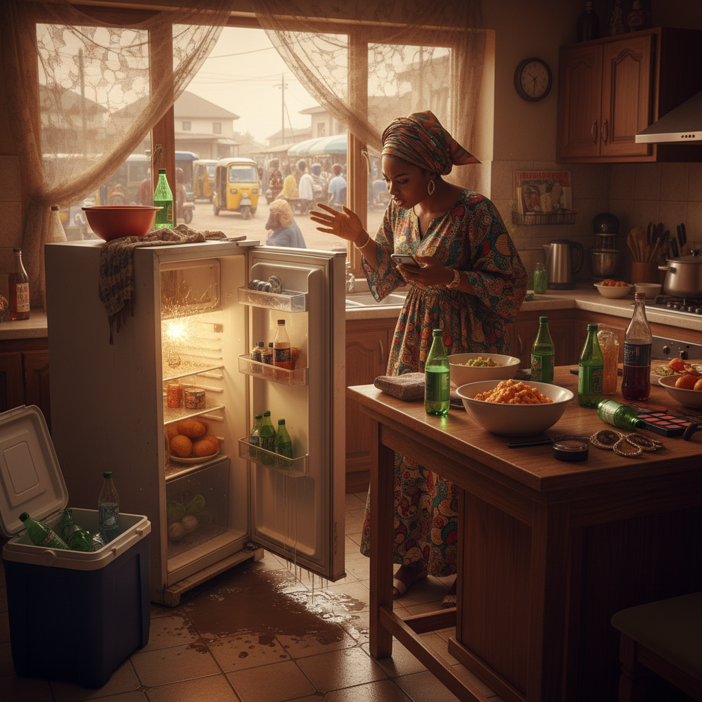 A young Nigerian man looking stressed at his broken freezer before a party.