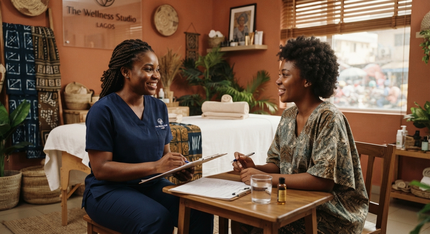 A client consulting with a massage therapist before a session