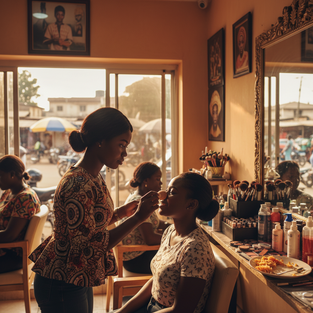 A professional makeup artist carefully applying makeup to a client's face in an Enugu home.