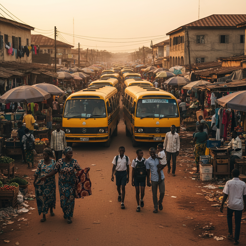 A bustling street scene in Lagos with yellow danfo buses, street vendors, and heavy foot traffic.