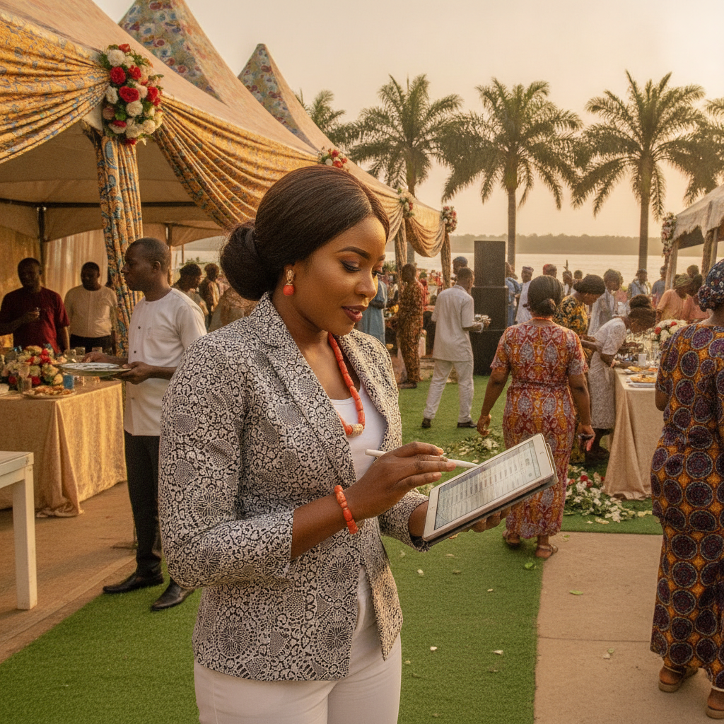 An event planner in Asaba checking her list of vendors for an Easter party.