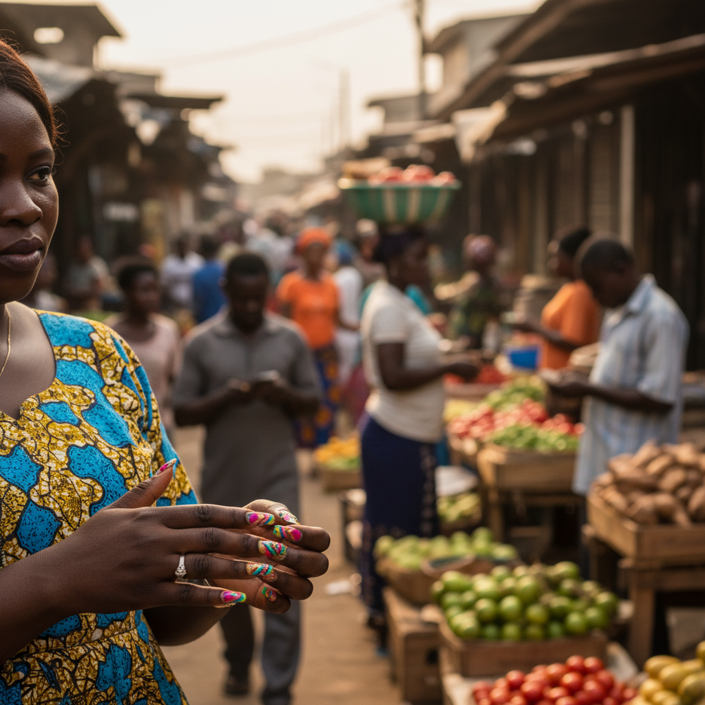 A detailed view of professionally done, colourful nail art on a Nigerian woman's hands.