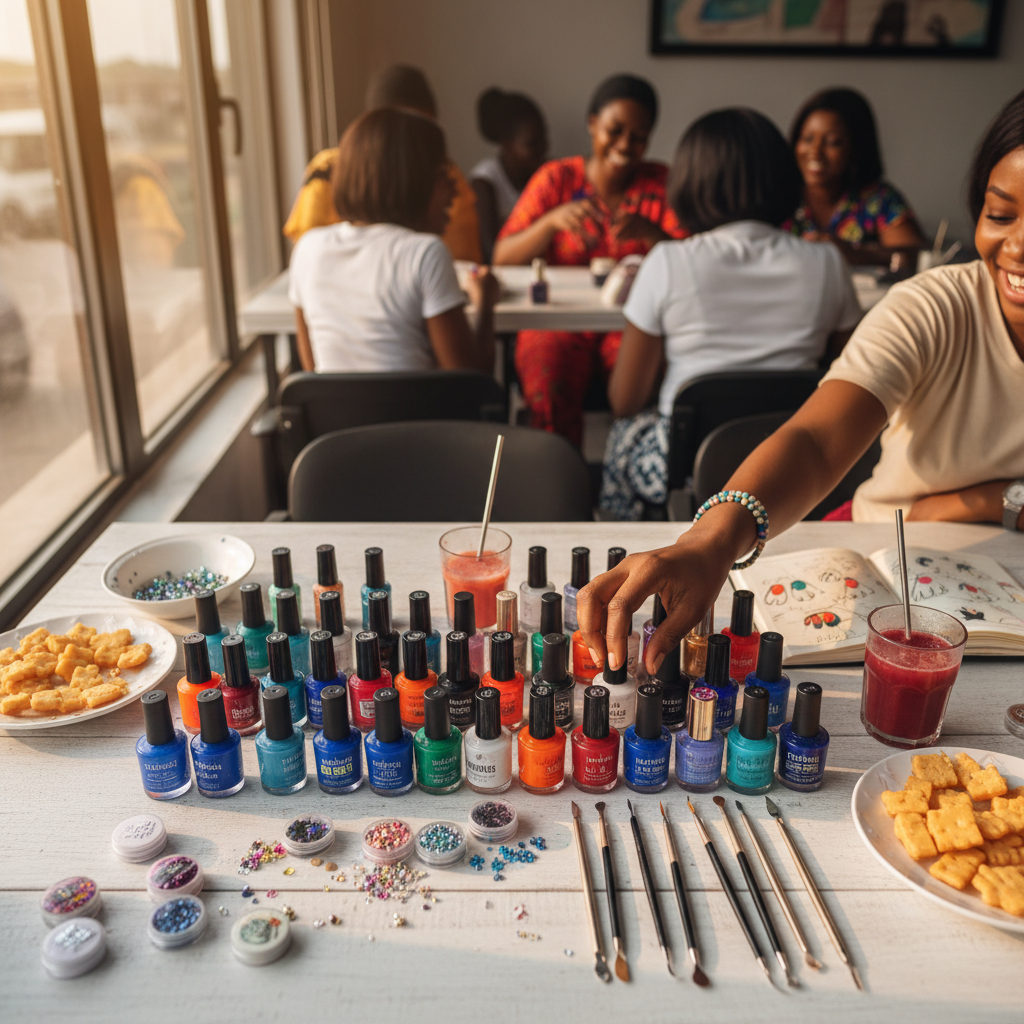 A collection of nail art supplies including colorful polishes, brushes, and glitter.