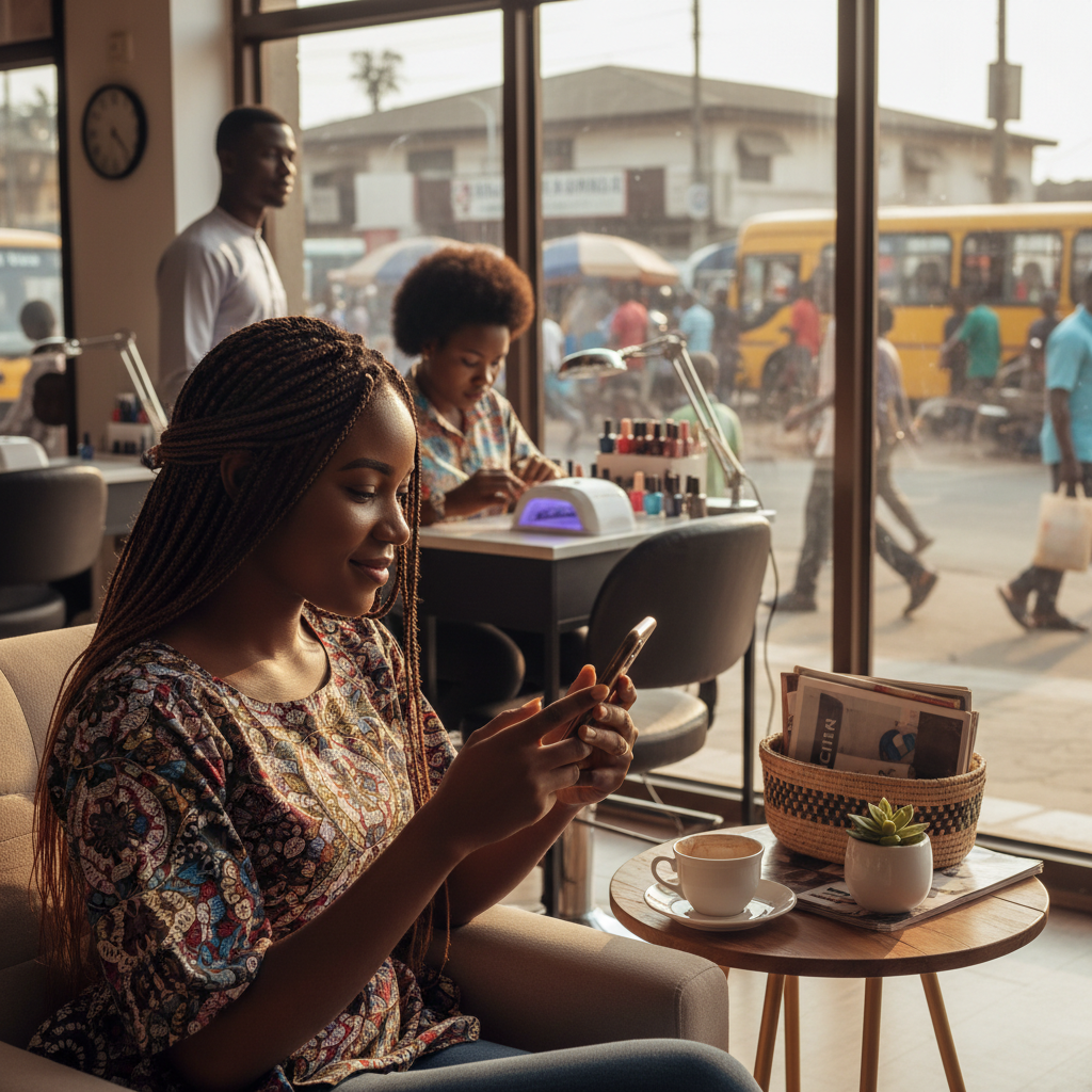 A smiling young Nigerian woman sitting on a couch, using the TrustAm app on her smartphone to browse and book a local service provider.
