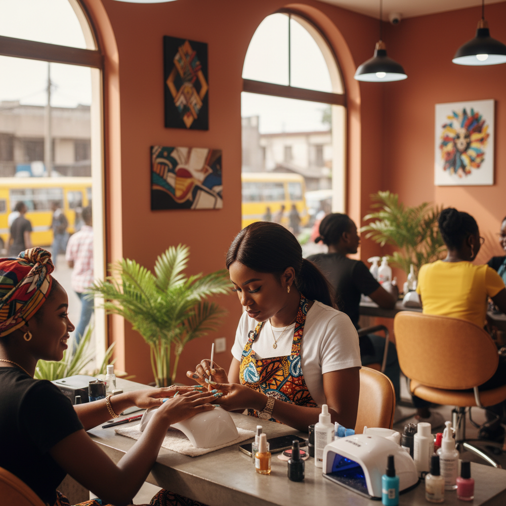 A professional nail technician carefully applying an acrylic nail set for a client in a bright, clean salon in Lagos.