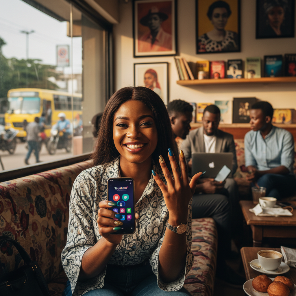 A happy Nigerian woman admiring her new manicure while using the TrustAm app on her smartphone.