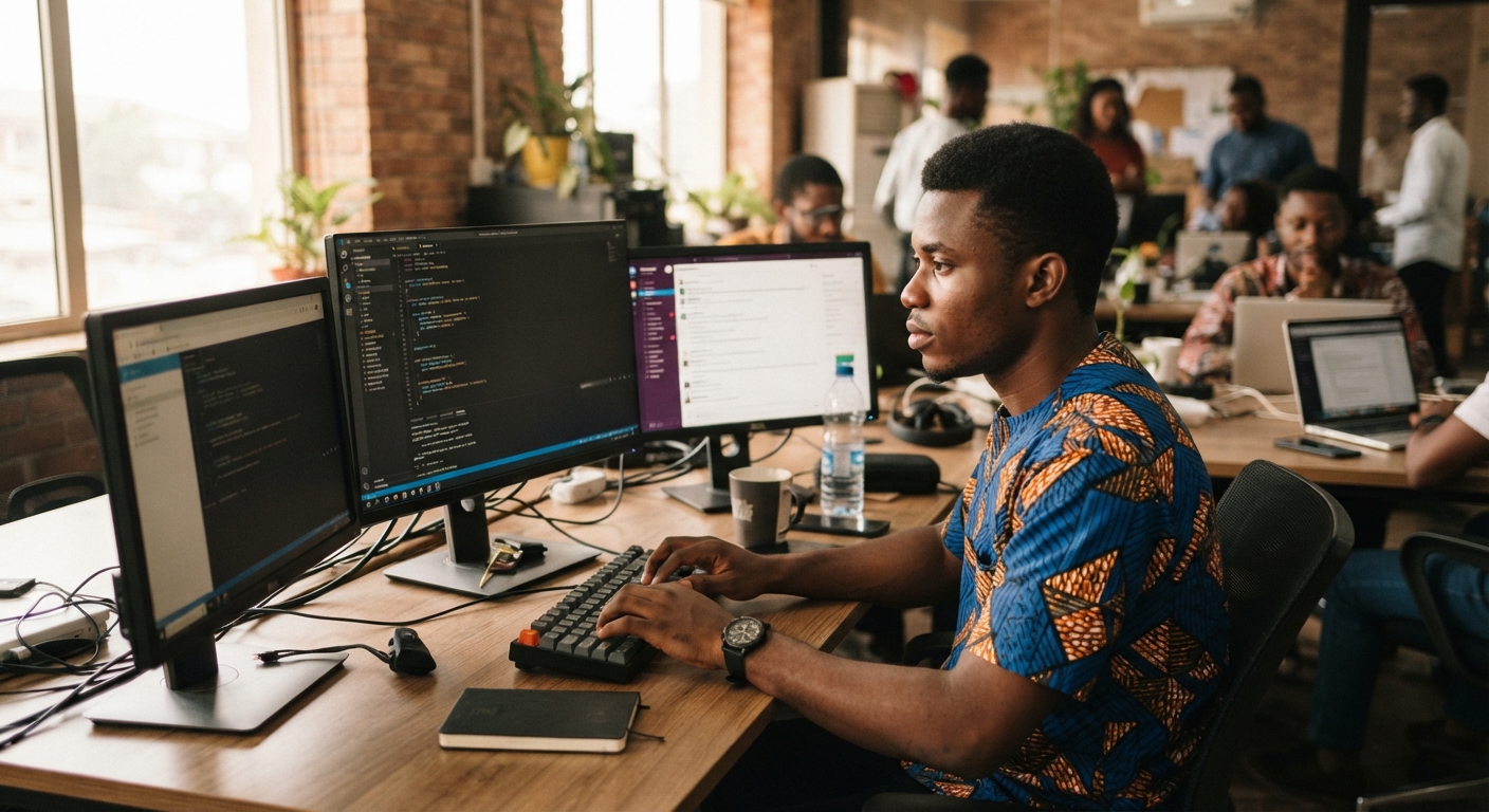 Nigerian web developer intensely focused on coding on multiple computer screens.