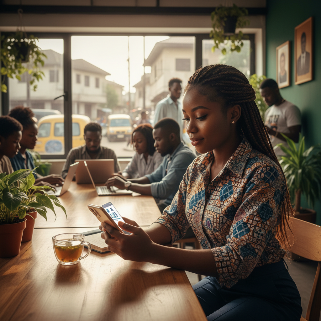 A young woman in Lagos smiling as she books a nail appointment on her smartphone using the TrustAm app.