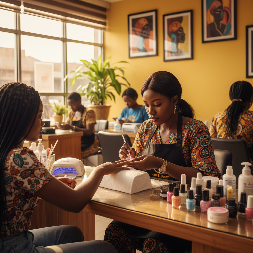 A professional nail technician carefully applying acrylic to a client's nails in a bright, clean Lagos salon.