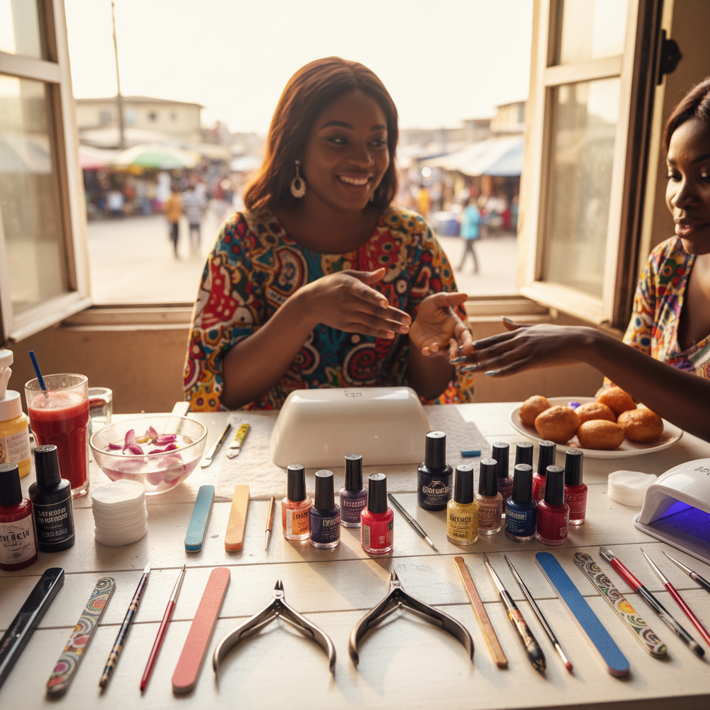 An organized flat lay of essential nail technician tools including polishes, files, and brushes.