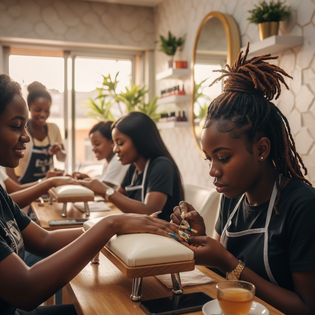 A detailed view of a nail technician applying a design to a client's acrylic nails in a clean Lagos salon.
