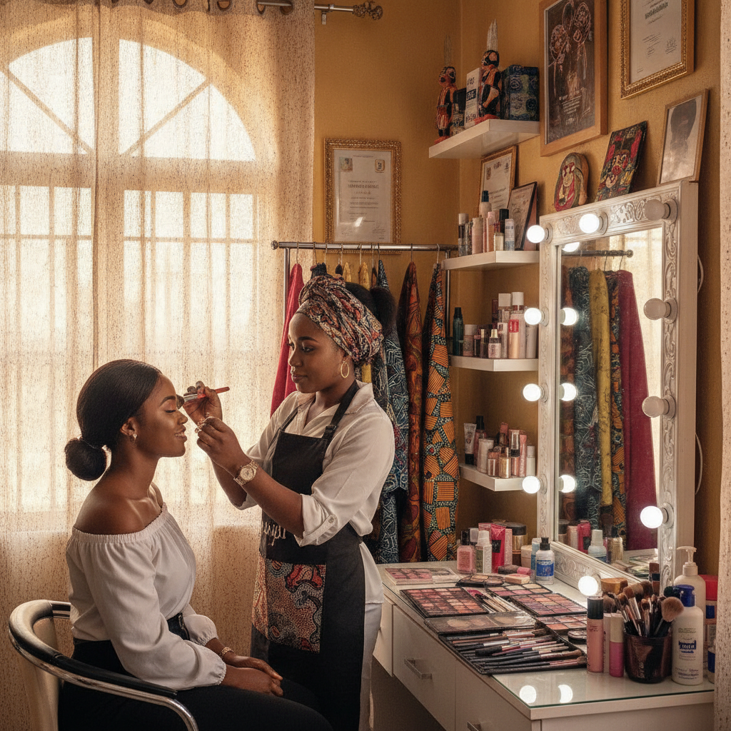 A Nigerian makeup artist carefully applying makeup to a client's face.