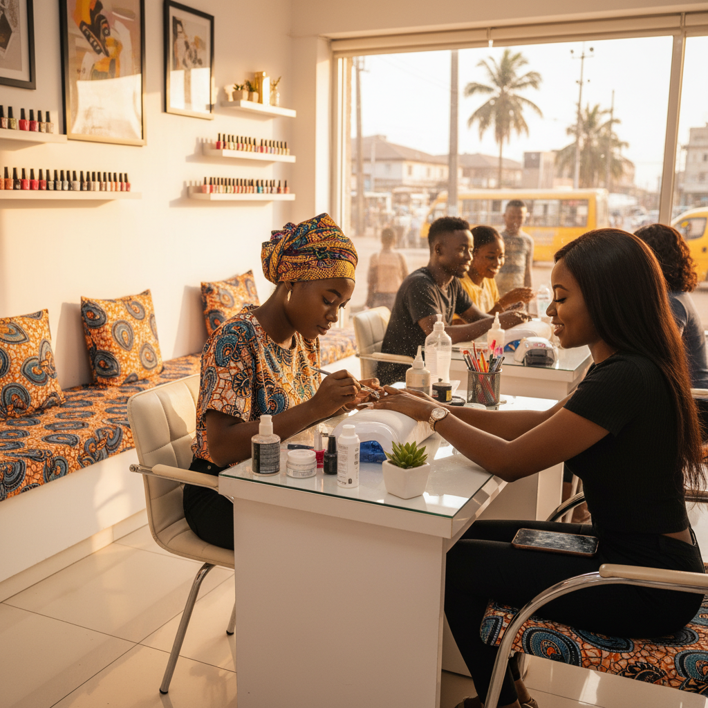 A professional nail technician carefully applying acrylic powder to a client's nails in a well-lit salon in Lagos.