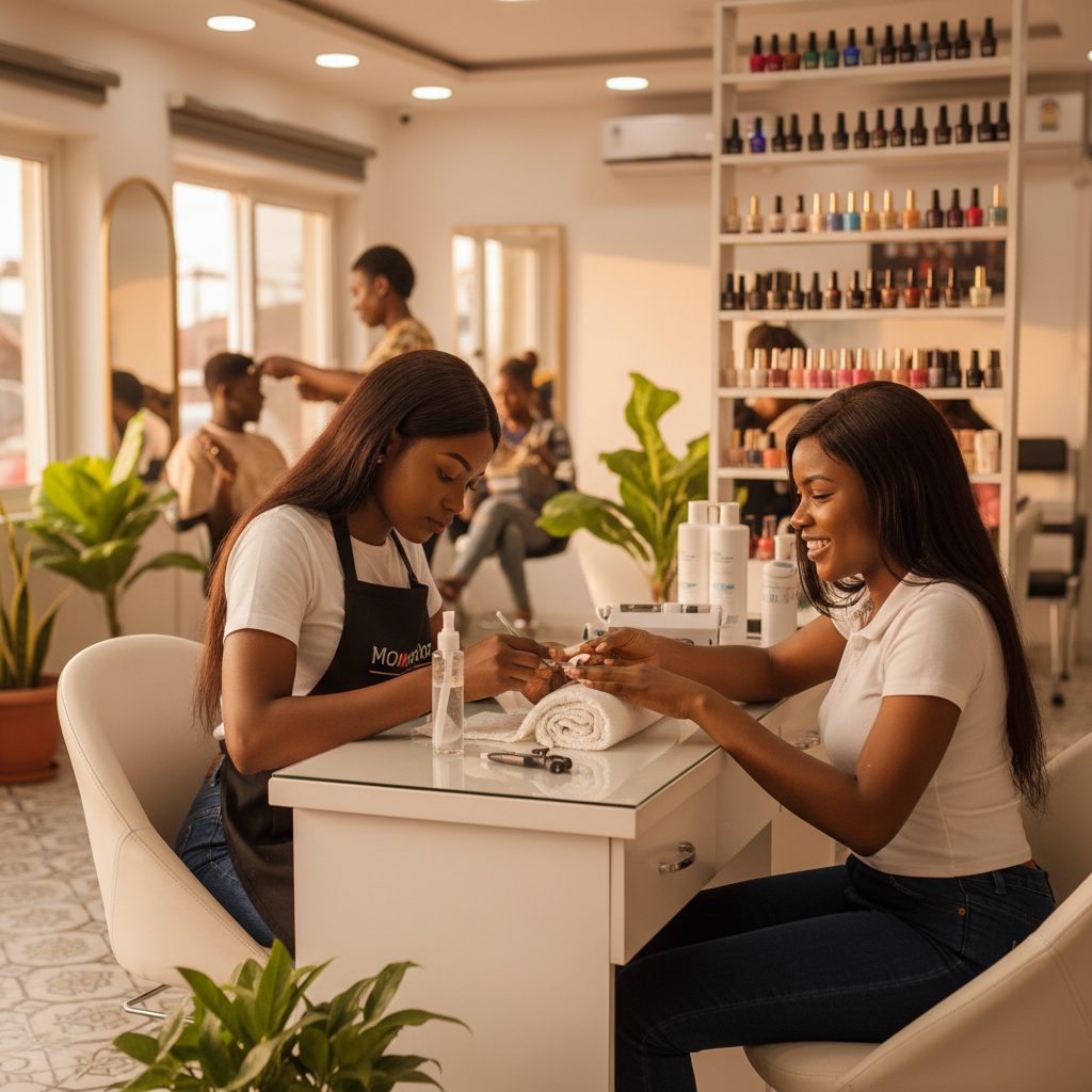 A skilled nail technician carefully applying acrylic to a client's nails in a bright and clean Lagos salon.
