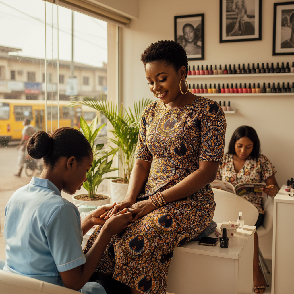A young Nigerian woman smiling while getting a professional manicure in a bright and modern Lagos salon.