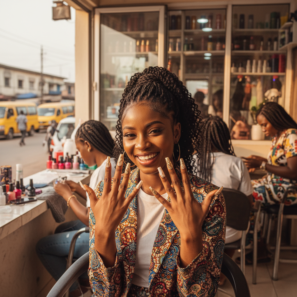 A happy young Nigerian woman showing off her freshly done, beautiful acrylic nails.