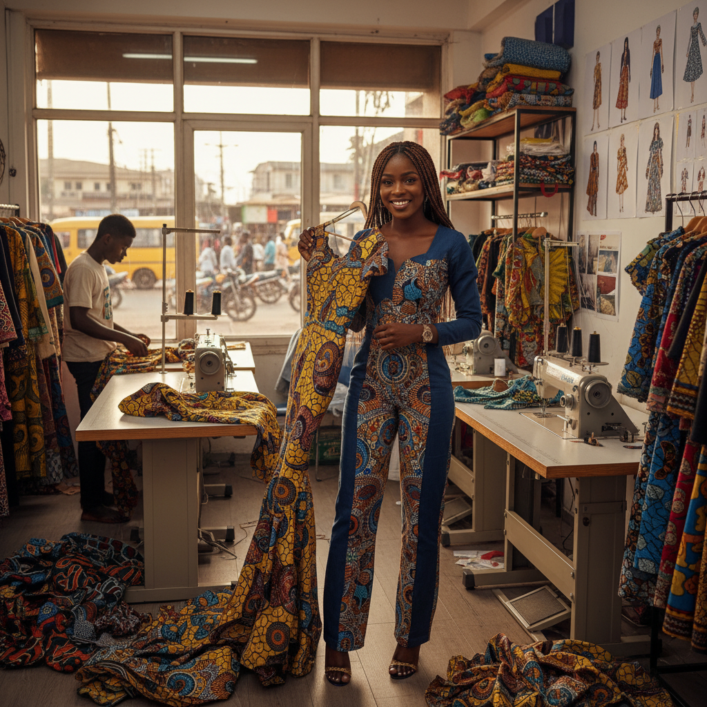 A confident and successful Nigerian female tailor standing proudly in her well-lit and organized fashion studio.