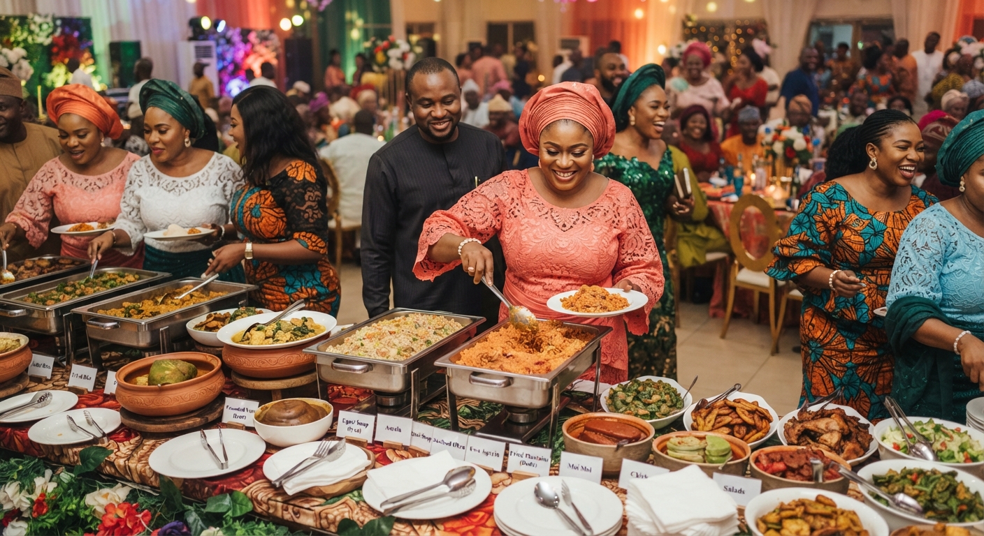 Elegant buffet table laden with diverse Nigerian dishes at a wedding reception