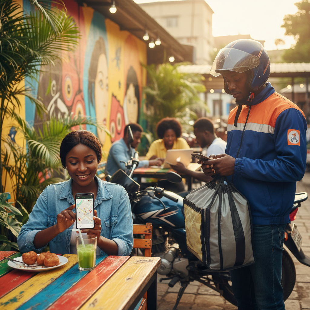A Nigerian entrepreneur booking a dispatch rider on her smartphone using the TrustAm app.