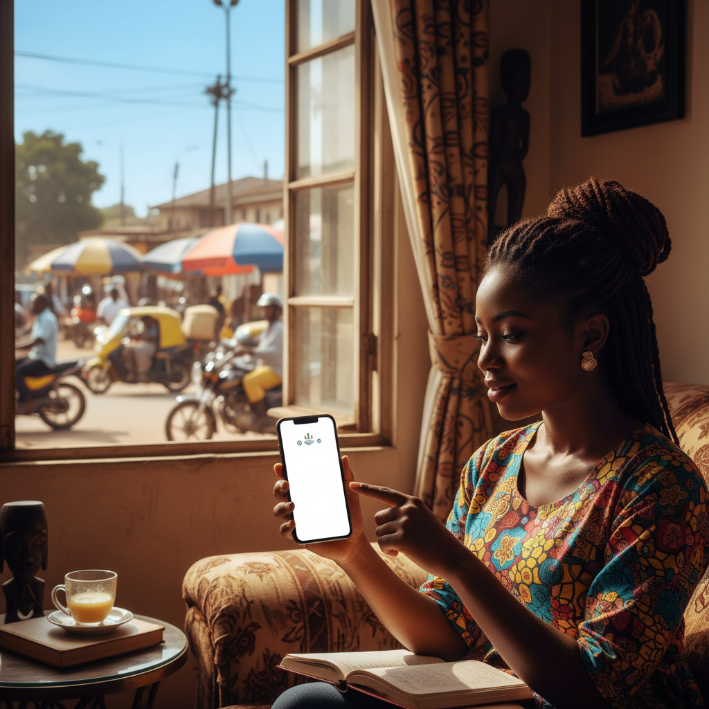 A young Nigerian woman using the TrustAm app on her smartphone to browse and book local nail technicians.
