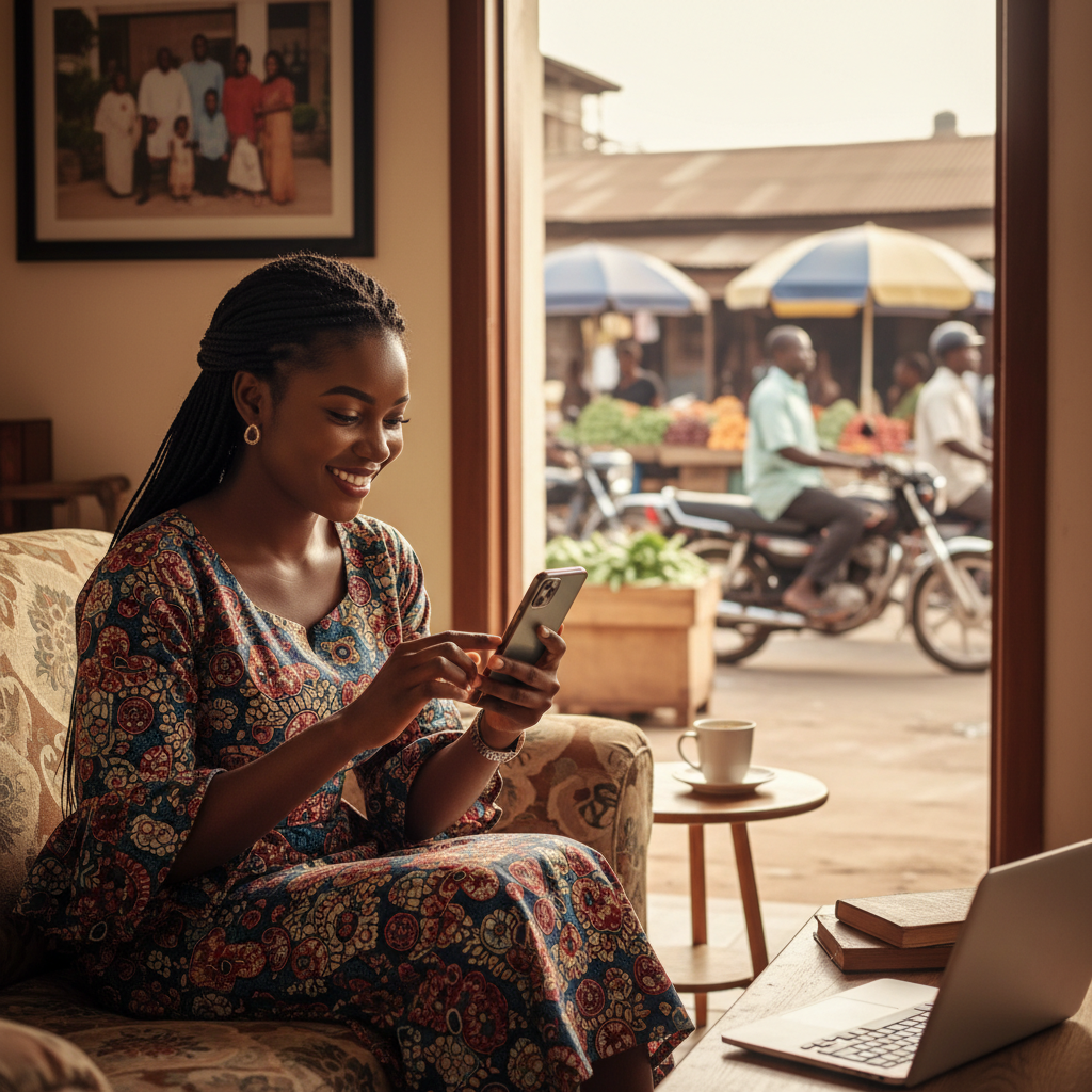 A happy Nigerian woman booking a nail appointment on her phone using the TrustAm app.